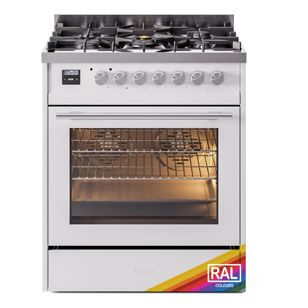 Freestanding gas range with open oven door and five-burner cooktop, RAL color label