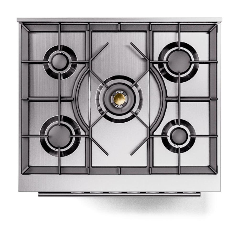 Gas cooktop with five sealed burners and matching round control caps on stainless steel