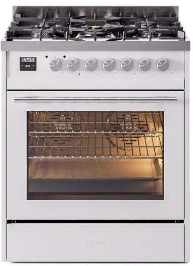White freestanding dual fuel range with open oven and lit interior