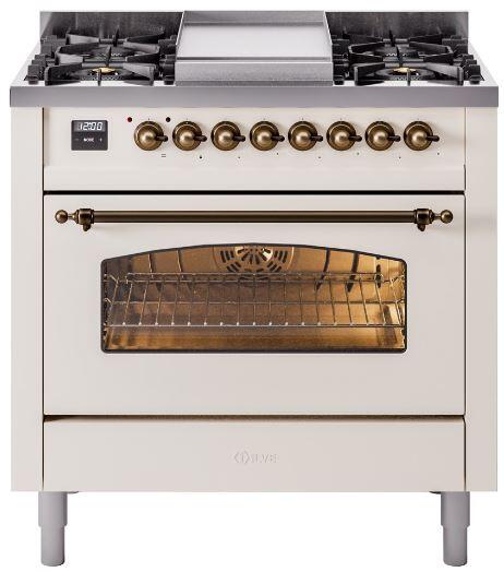 ILVE Nostalgie II 36-Inch Dual Fuel Freestanding Range in Antique White with Bronze Trim (UP36FNMPAWB)