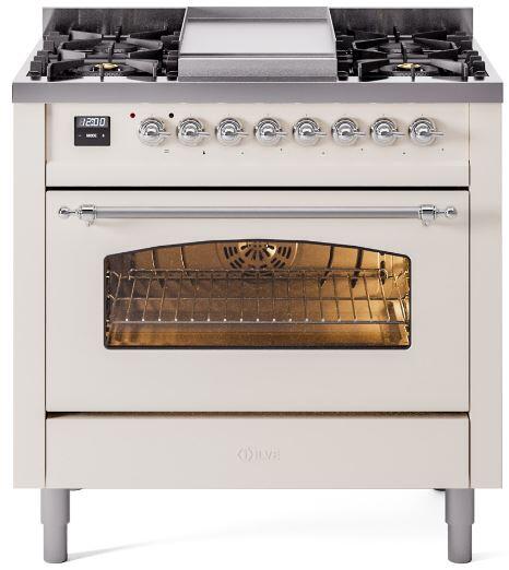 Antique white dual fuel freestanding range front view with oven window and burners