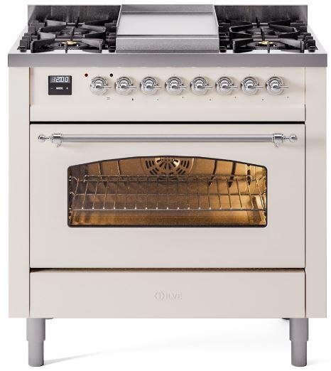ILVE Nostalgie II 36-Inch Dual Fuel Freestanding Range in Antique White with Chrome Trim (UP36FNMPAWC)