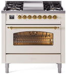 ILVE Nostalgie II 36-Inch Freestanding Natural Gas Dual Fuel Range in Antique White with Brass Trim (UP36FNMPAWG)