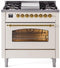 ILVE Nostalgie II 36-Inch Freestanding Natural Gas Dual Fuel Range in Antique White with Brass Trim (UP36FNMPAWG)
