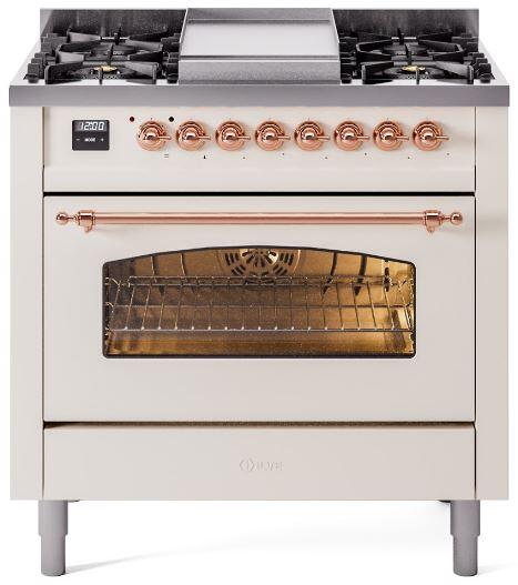 Antique white dual fuel range front with open oven door and copper rail handle