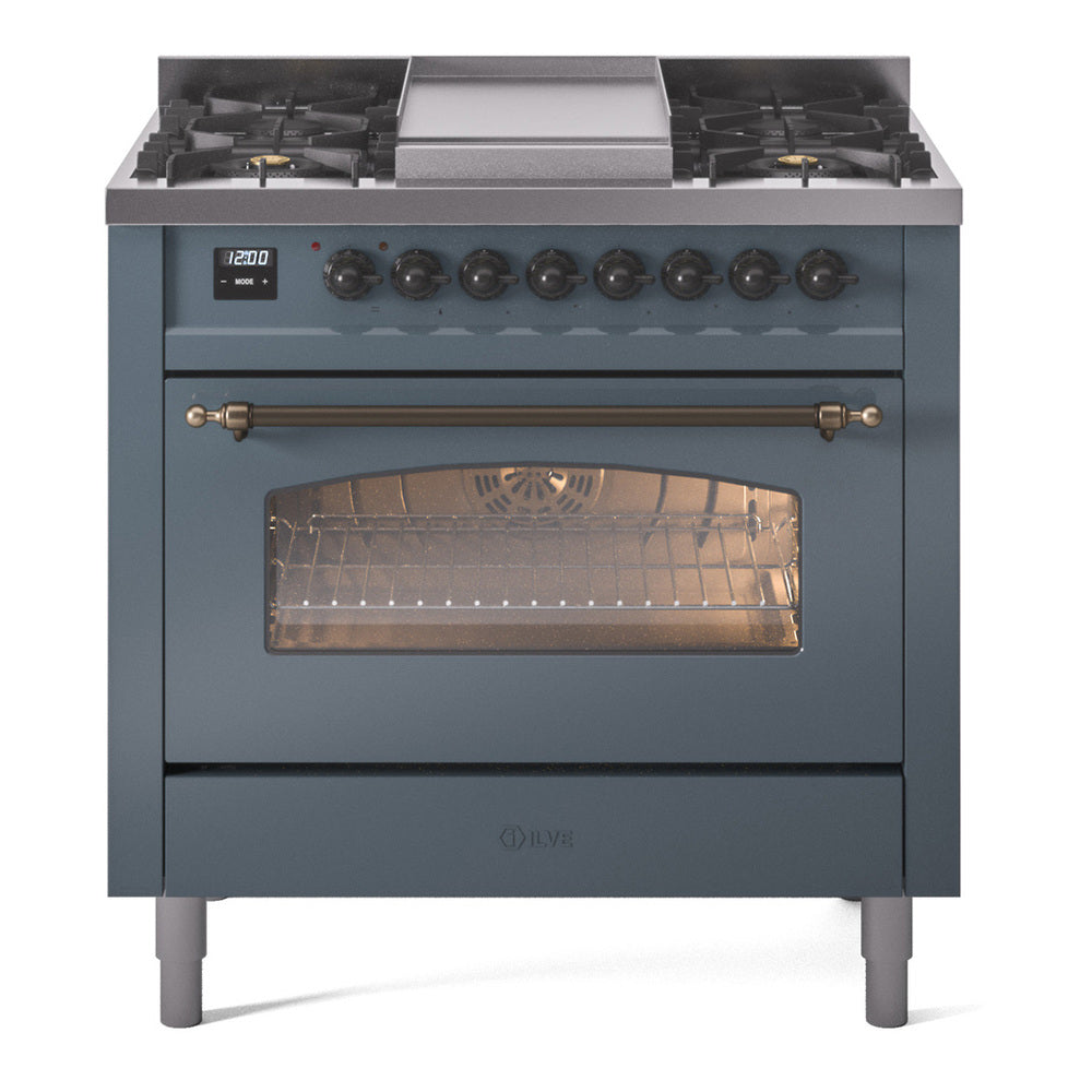 Blue-grey freestanding range with burner controls and open oven door