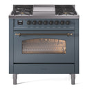 ILVE Nostalgie II 36-Inch Freestanding Natural Gas Dual Fuel Range in Blue Grey with Bronze Trim (UP36FNMPBGB)