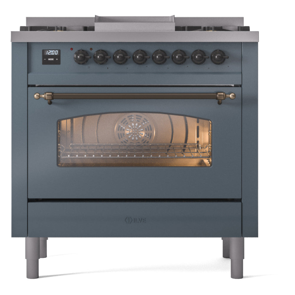 Blue-grey freestanding dual fuel range with bronze handle and closed oven door