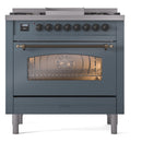 ILVE Nostalgie II 36-Inch Freestanding Natural Gas Dual Fuel Range in Blue Grey with Bronze Trim (UP36FNMPBGB)