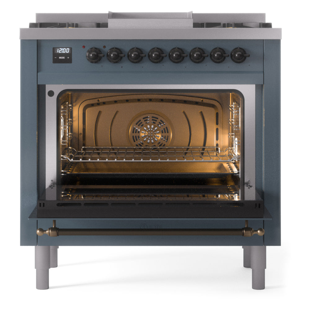 Blue-grey freestanding range with bronze trim, open oven door, and row of burner knobs