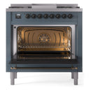 ILVE Nostalgie II 36-Inch Dual Fuel Freestanding Range in Blue Grey with Bronze Trim (UP36FNMPBGB)