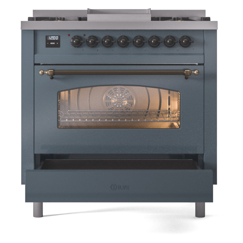 Blue grey freestanding dual fuel gas range with bronze oven handle and closed oven door