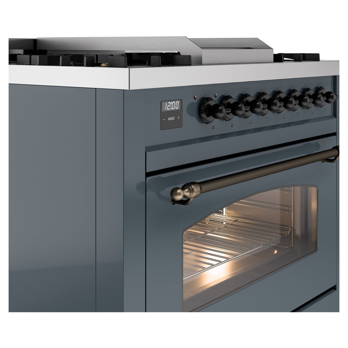 Blue-grey freestanding range side view with burner knobs and bronze oven handle