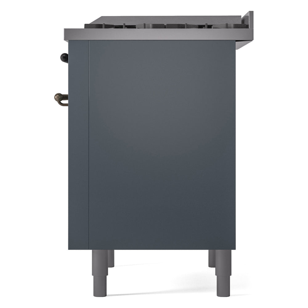 Blue-grey freestanding range side panel with recessed handle and front leveling feet
