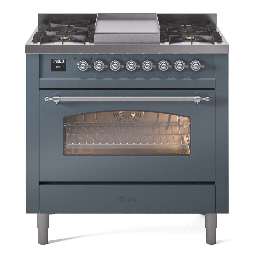 Blue-grey dual fuel freestanding range front view with chrome knobs and oven window