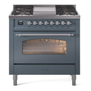 ILVE Nostalgie II 36-Inch Freestanding Natural Gas Dual Fuel Range in Blue Grey with Chrome Trim (UP36FNMPBGC)