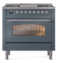 ILVE Nostalgie II 36-Inch Freestanding Natural Gas Dual Fuel Range in Blue Grey with Chrome Trim (UP36FNMPBGC)