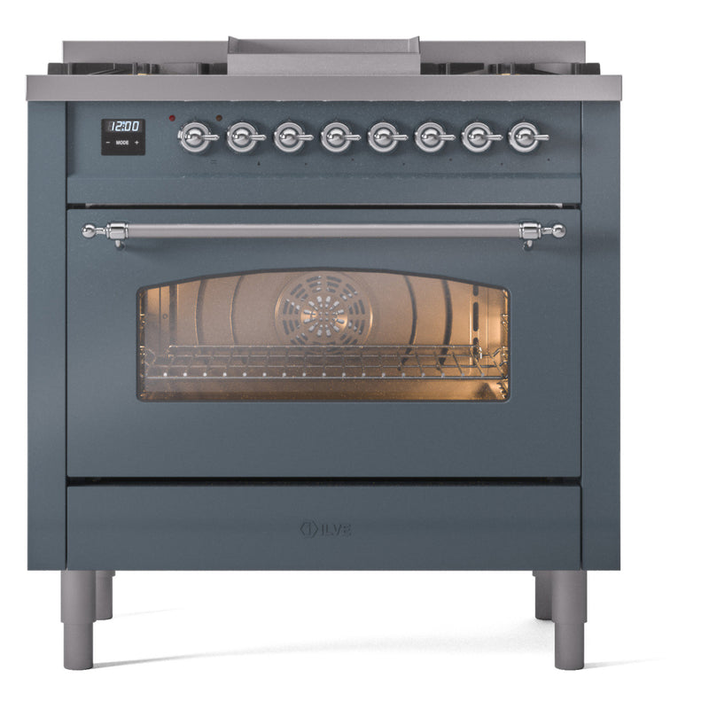 ILVE Nostalgie II 36-Inch Dual Fuel Freestanding Range in Blue Grey with Chrome Trim (UP36FNMPBGC)