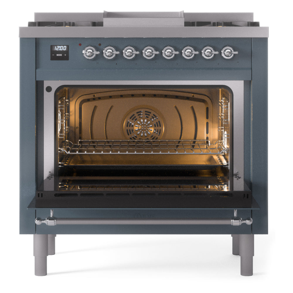 Blue-grey freestanding dual fuel range with open oven and chrome control panel