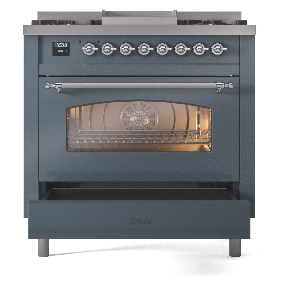 Blue-grey freestanding dual fuel range with oven window and chrome handle