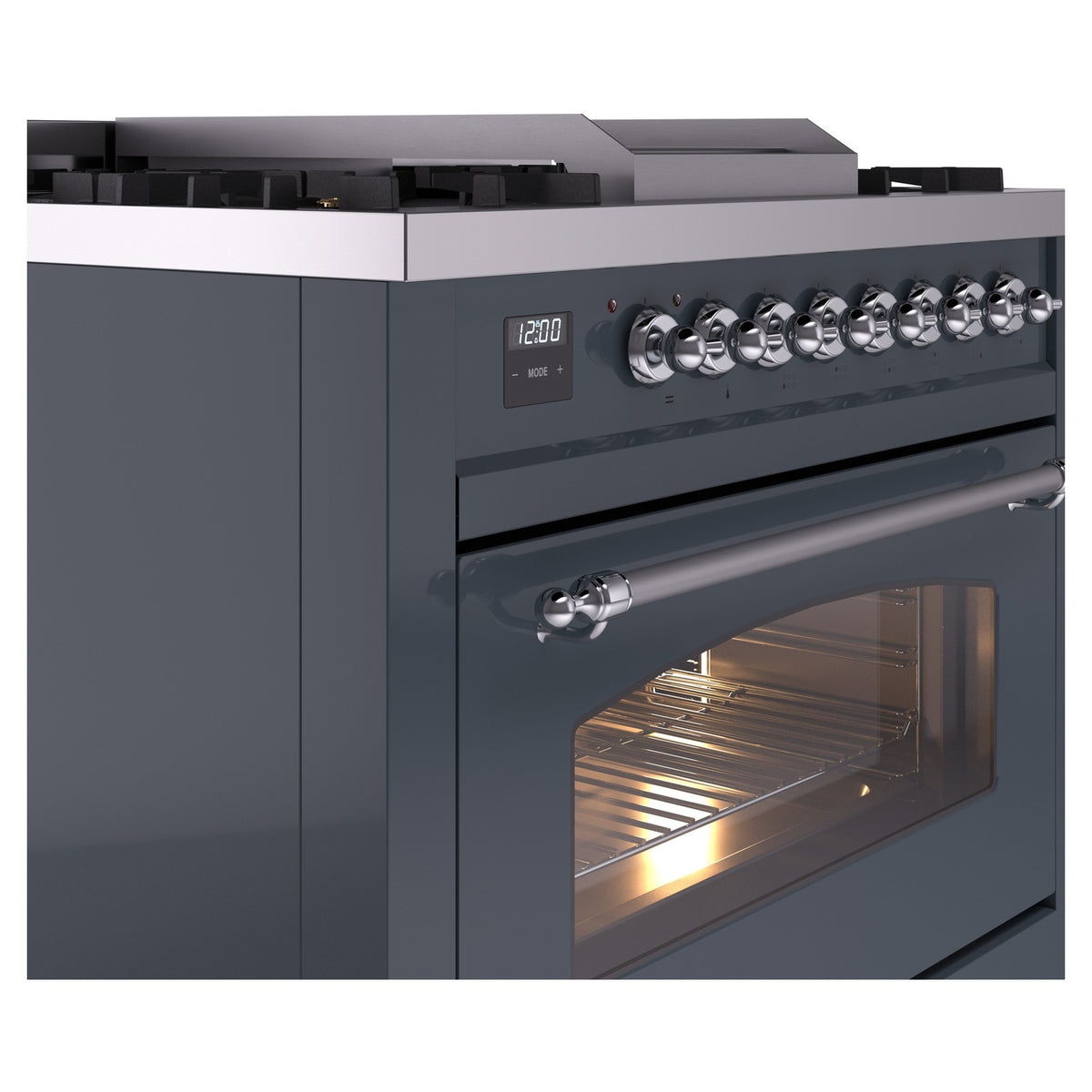 Blue-grey dual fuel freestanding range close-up of chrome knobs and oven handle