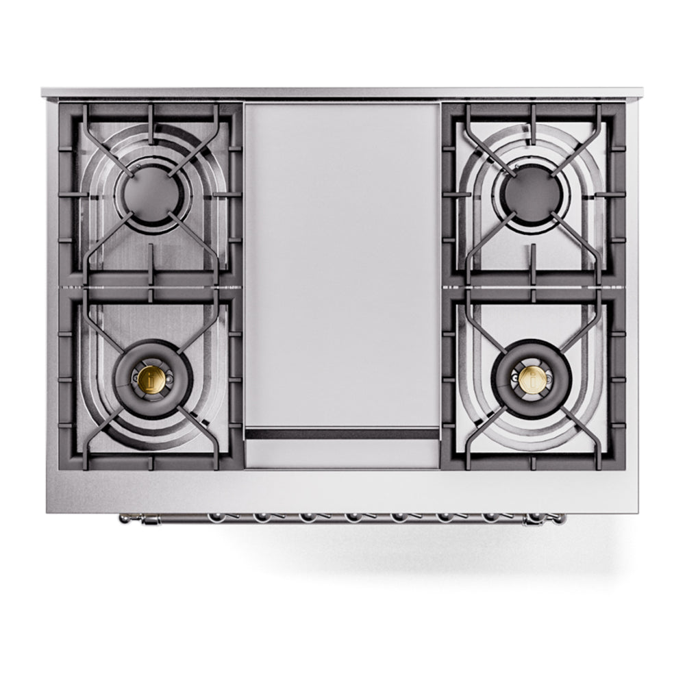 Dual fuel freestanding range top view with two gas burners and metal grates