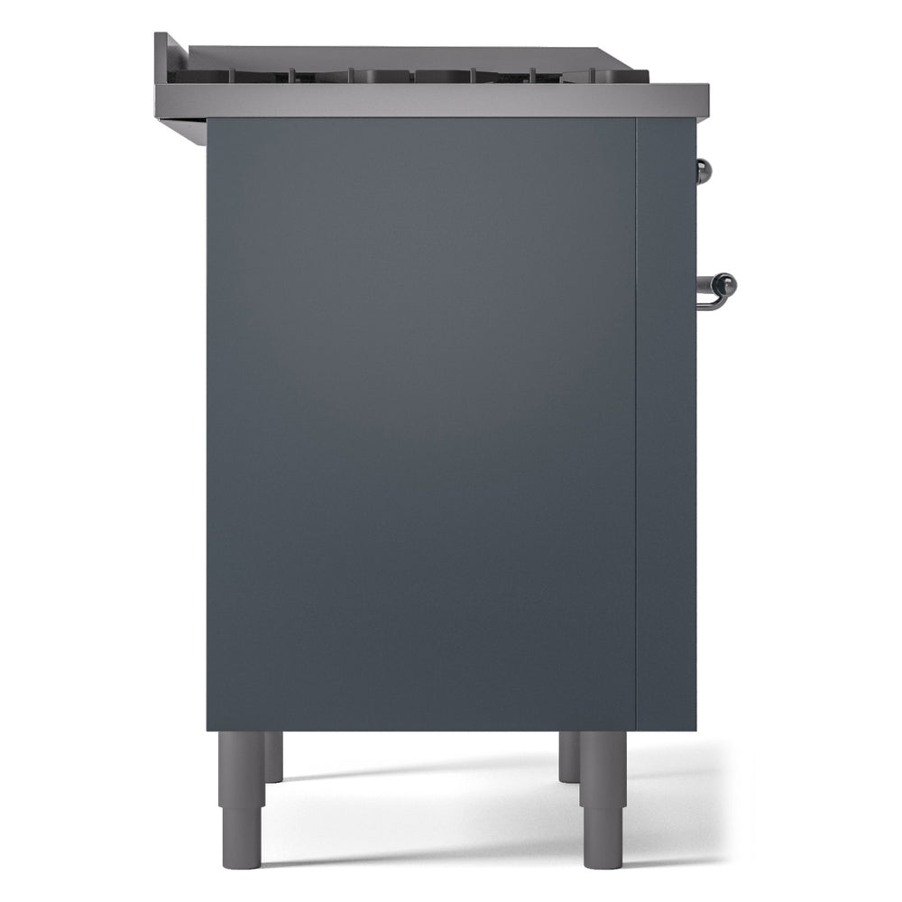 Blue-grey freestanding dual fuel range left side view