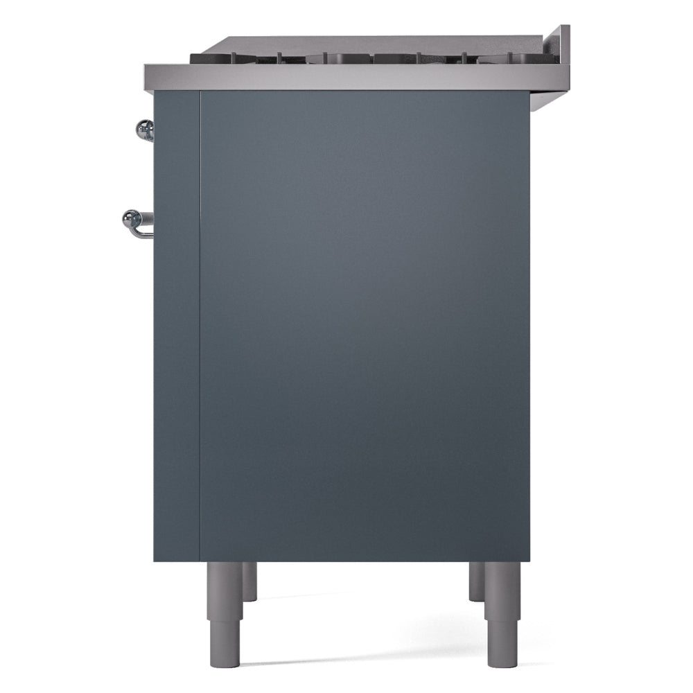 Blue-grey freestanding dual fuel range right side view