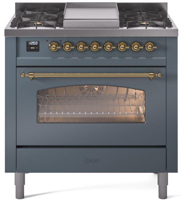 ILVE Nostalgie II 36-Inch Dual Fuel Freestanding Range in Blue Grey with Brass Trim (UP36FNMPBGG)