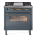 ILVE Nostalgie II 36-Inch Freestanding Natural Gas Dual Fuel Range in Blue Grey with Brass Trim (UP36FNMPBGG)