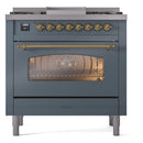 ILVE Nostalgie II 36-Inch Freestanding Natural Gas Dual Fuel Range in Blue Grey with Brass Trim (UP36FNMPBGG)