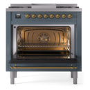 ILVE Nostalgie II 36-Inch Freestanding Natural Gas Dual Fuel Range in Blue Grey with Brass Trim (UP36FNMPBGG)