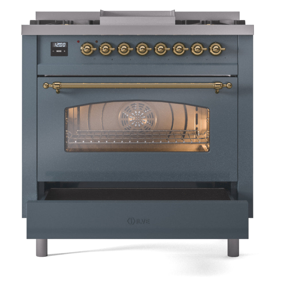 Blue grey freestanding dual fuel range with brass knobs and large oven window