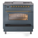 ILVE Nostalgie II 36-Inch Dual Fuel Freestanding Range in Blue Grey with Brass Trim (UP36FNMPBGG)