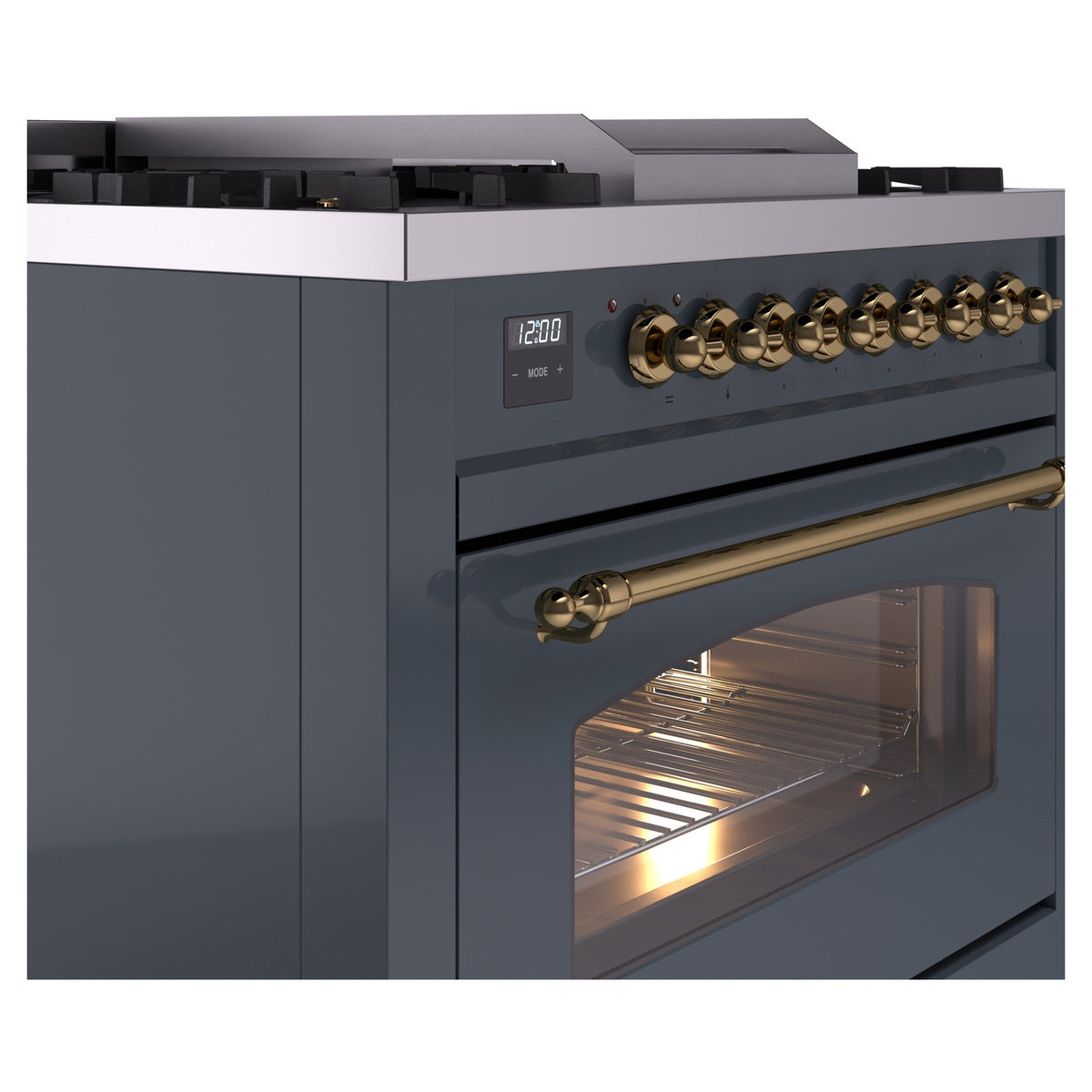 Blue grey dual fuel range corner view with brass control knobs and oven door