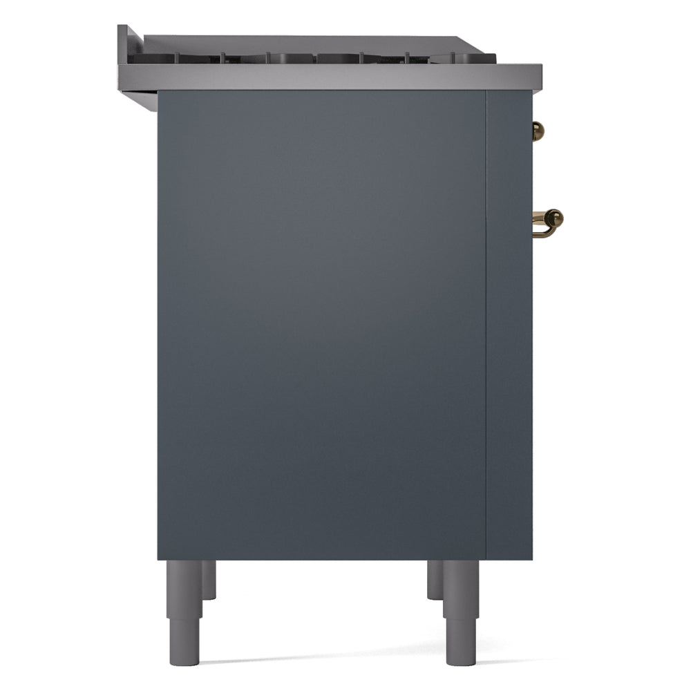 Blue grey freestanding range side panel with brass handle accents and tall legs