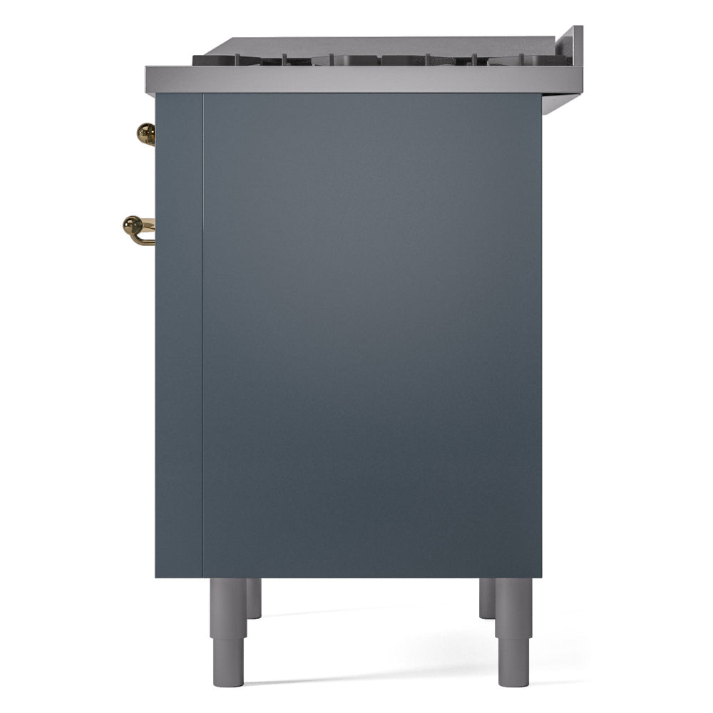 Blue grey freestanding dual fuel range side view with brass handle and gray feet