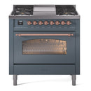 ILVE Nostalgie II 36-Inch Freestanding Natural Gas Dual Fuel Range in Blue Grey with Copper Trim (UP36FNMPBGP)
