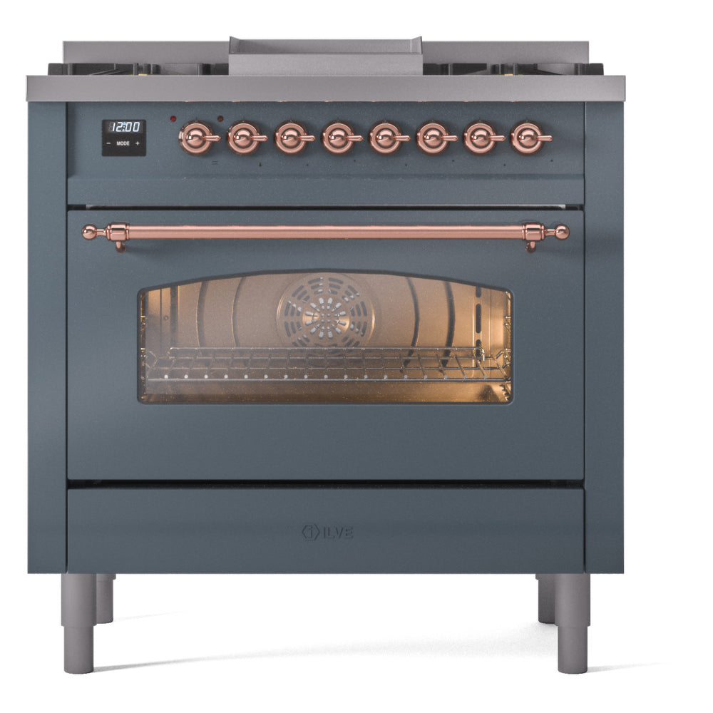 Blue grey freestanding dual-fuel range with copper control knobs and oven window