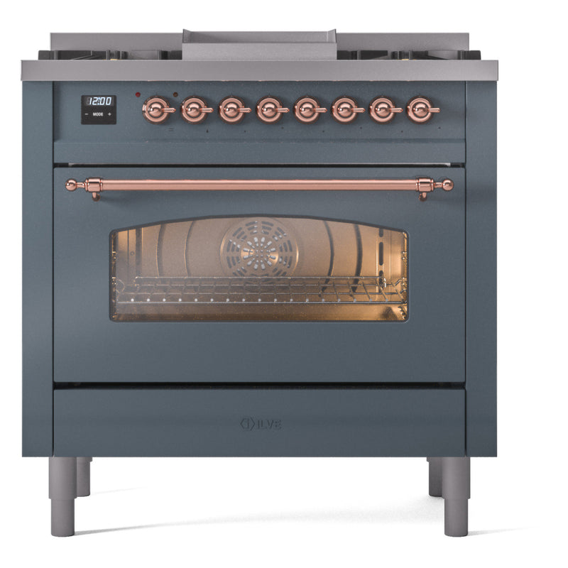 ILVE Nostalgie II 36-Inch Dual Fuel Freestanding Range in Blue Grey with Copper Trim (UP36FNMPBGP)