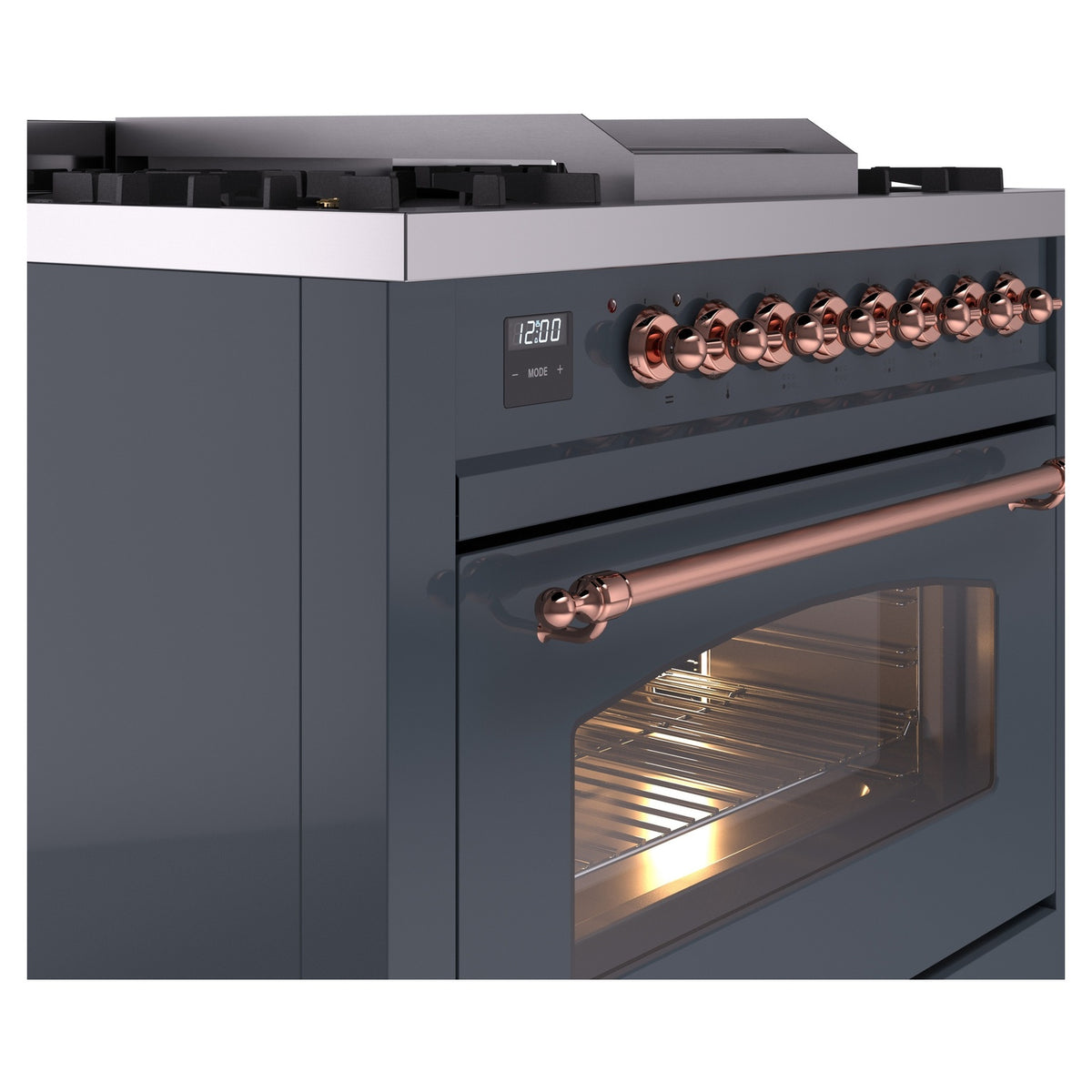 Blue grey dual-fuel freestanding range with copper control knobs and oven door open