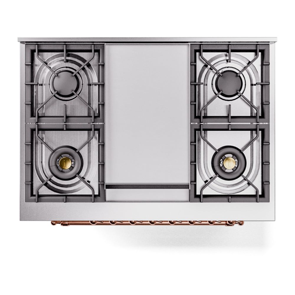 Dual-fuel range cooktop with two burner grates and four burner ports in stainless frame