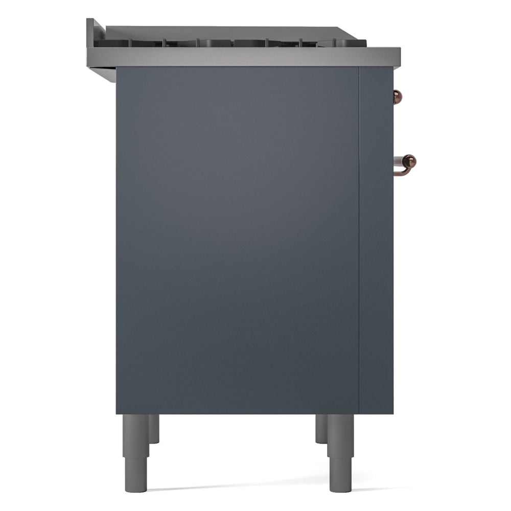 Blue grey freestanding dual-fuel range side panel with front legs and top grates
