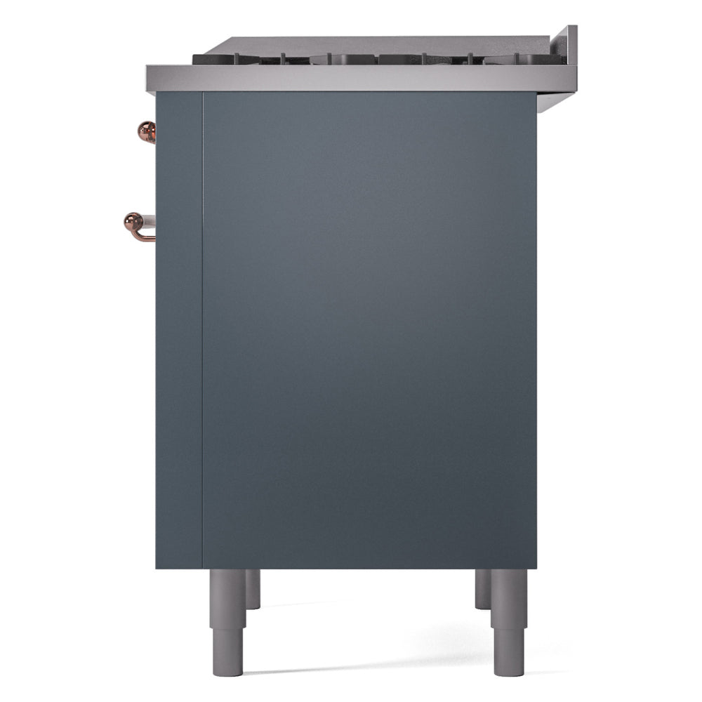 Blue grey freestanding dual-fuel range side view with copper knobs and front legs