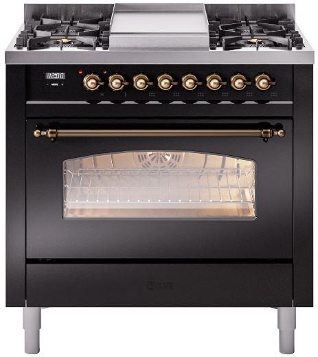 Freestanding range cooktop with bronze control knobs and oven door window in glossy black
