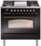 ILVE Nostalgie II 36-Inch Freestanding Natural Gas Dual Fuel Range in Glossy Black with Bronze Trim (UP36FNMPBKB)
