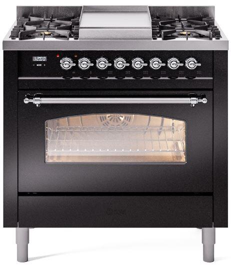 Dual-fuel range front with two burners, chrome knobs, and glass oven window