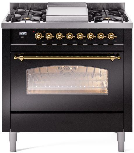 Freestanding dual fuel range front view with brass burner knobs and glass oven window