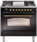 ILVE Nostalgie II 36-Inch Freestanding Natural Gas Dual Fuel Range in Glossy Black with Brass Trim (UP36FNMPBKG)