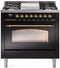 ILVE Nostalgie II 36-Inch Freestanding Natural Gas Dual Fuel Range in Glossy Black with Brass Trim (UP36FNMPBKG)